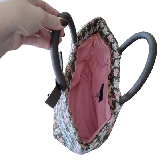 Boden Pink Brown Wool Blend Houndstooth Satchel Bag - Picture 4 of 5